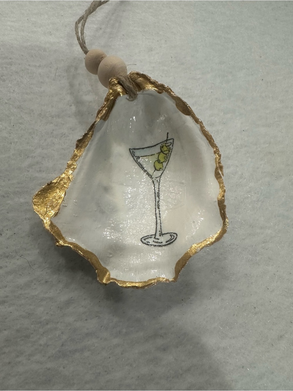 Handpainted White Oyster Shell ornament with Gold Rim and martini glass